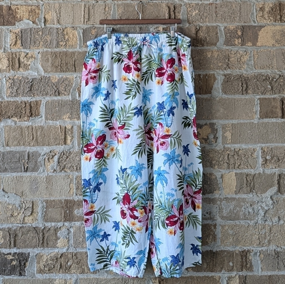 Hot Cotton Woman Linen Crop Wide Leg Pants White Allover Floral Size 3X - Picture 6 of 6